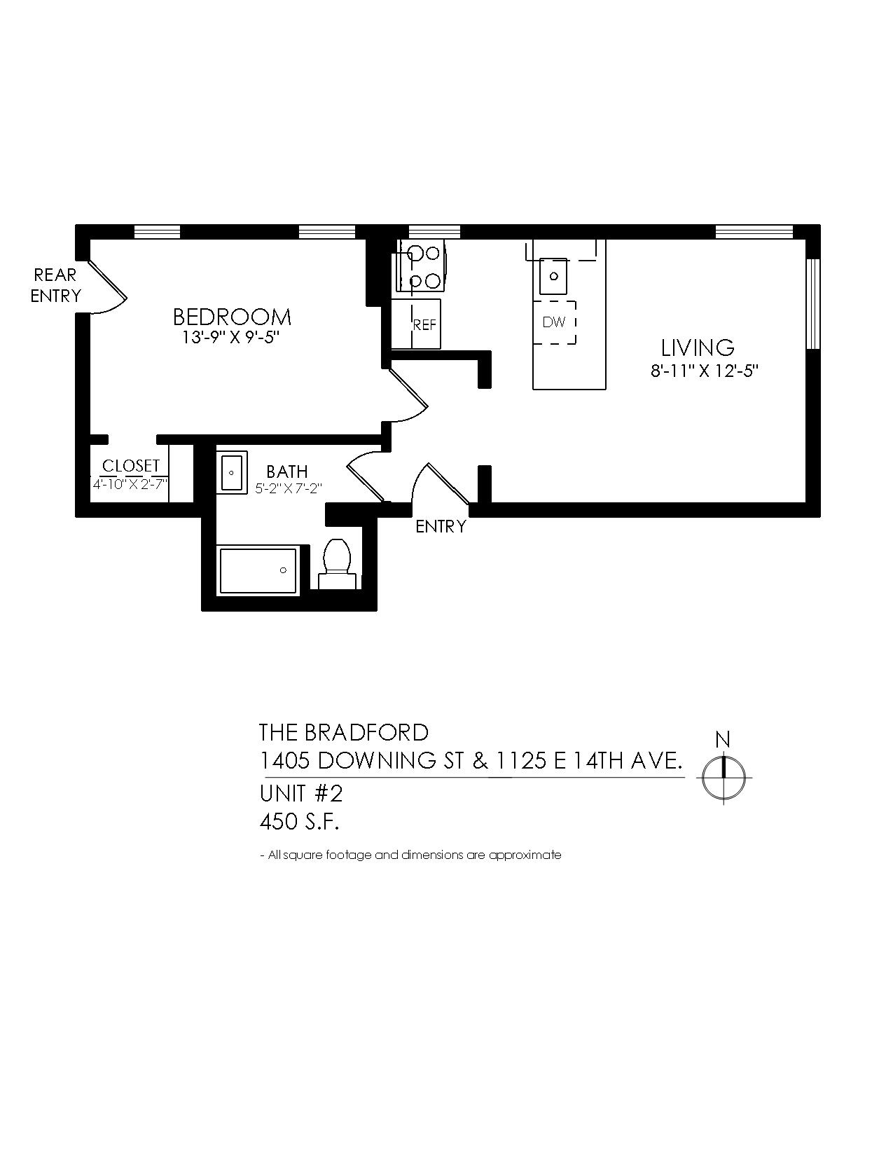 Floor plan for 1 bed, 1 bath, 635 sqft